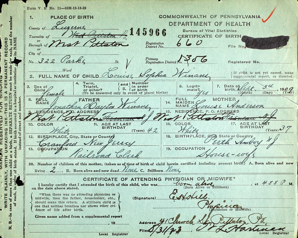 Louise Sophia Winans Birth Certificate