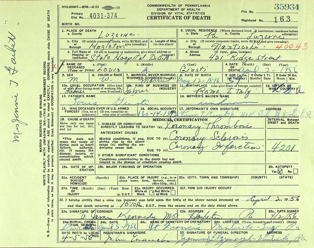 Louis A. Giusti Death Certificate