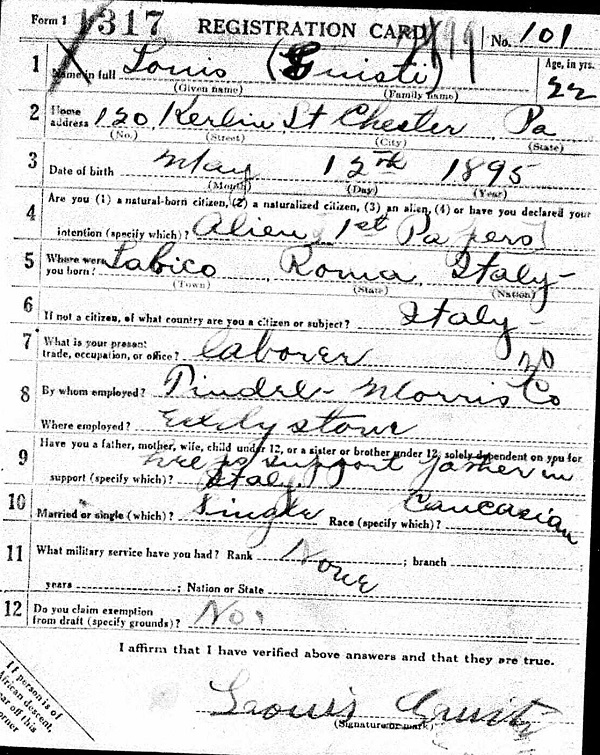 Louis A. Giusti WW1 Draft Registration