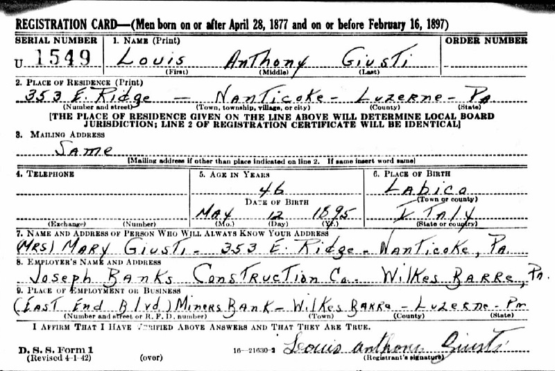 Louis A. Giusti WW2 Draft Registration
