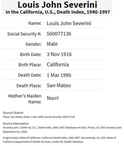 Louis Severini Death Index