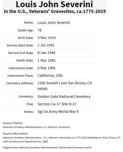 Louis Severini Service and Death Record