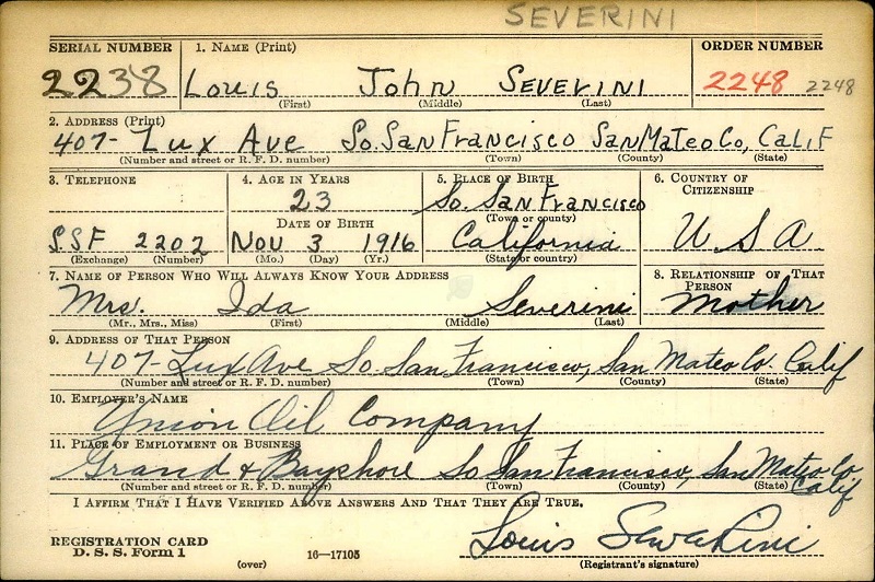 Louis Severini WW2 Draft Registration
