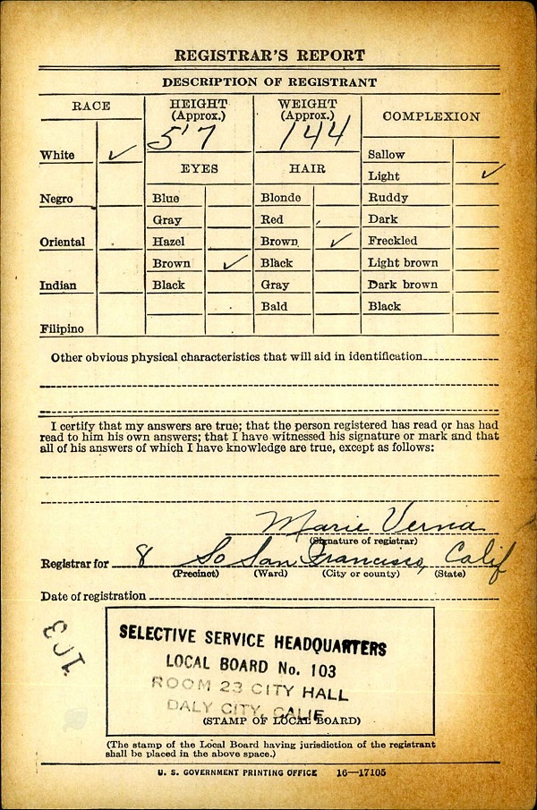 Louis Severini WW2 Draft Registration