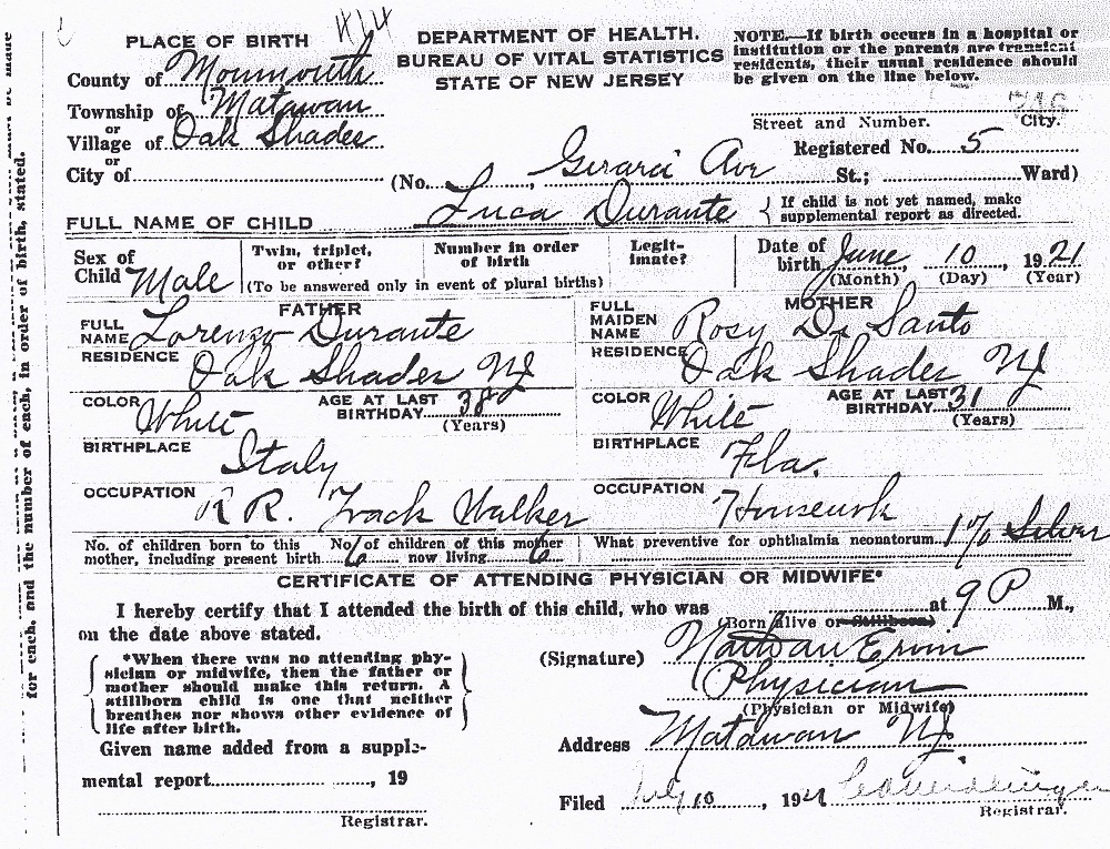 Luke Durante Birth Certificate