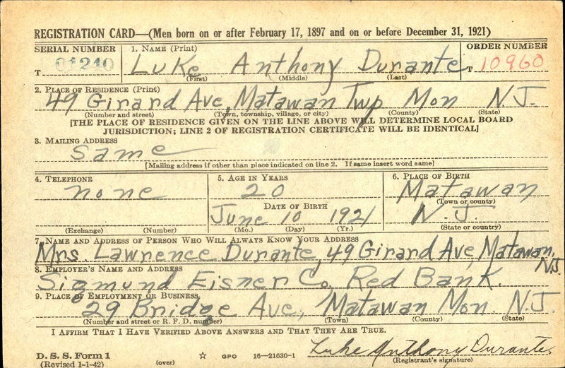 Luke A. Durante WW2 Draft Registration