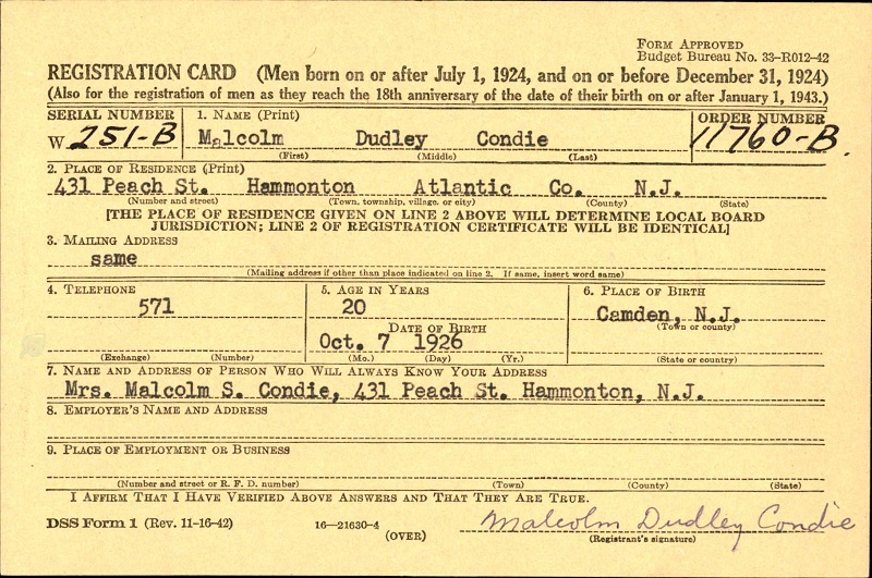 Malcolm Condie WW2 Draft Registration