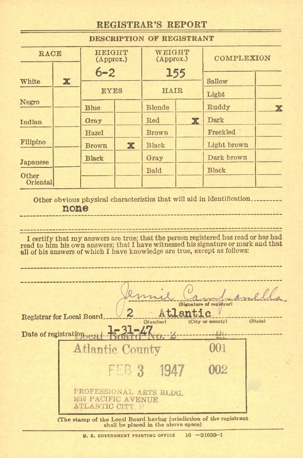Malcolm Condie WW2 Draft Registration