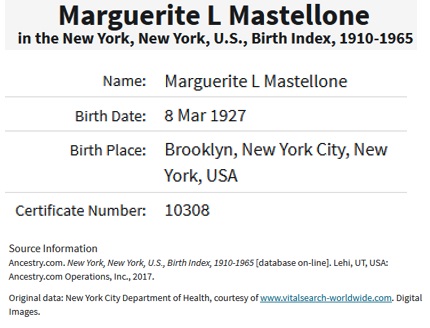 Marguerite Laura Mastellone Birth Index
