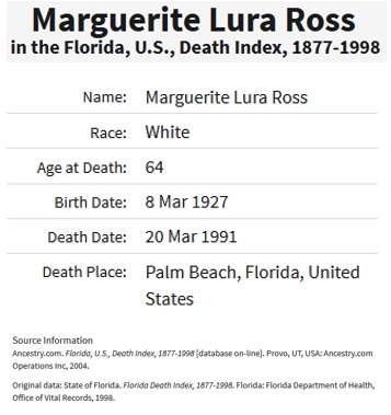 Marguerite Laura Mastellone Ross Death Index