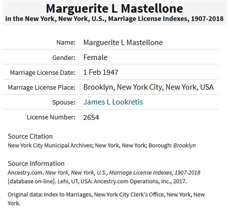 Marguerite Mastellone and James Lookretis Marriage Record