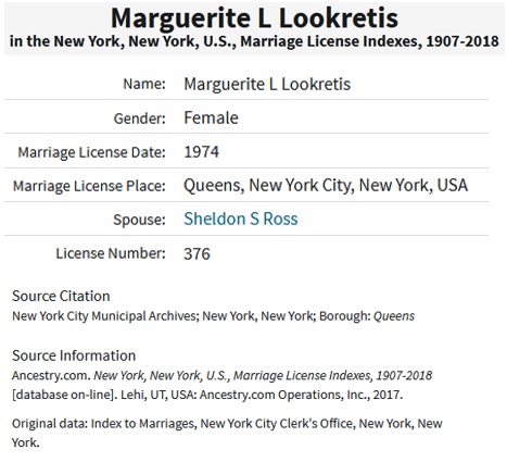 Marguerite Mastellone and Sheldon Ross Marriage Record