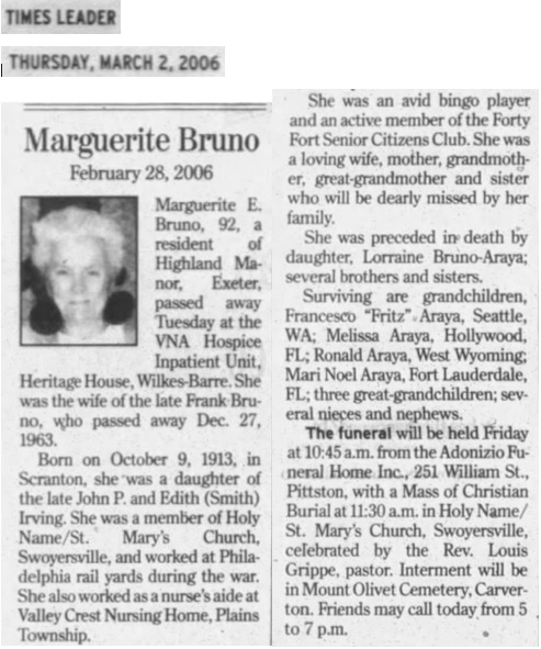 Marguerite Irving Bruno Obituary