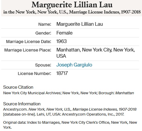Marguerite Lau and Joseph Gargiullo Marriage Index