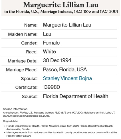 Marguerite Lau and Stanley Bojna Marriage Index