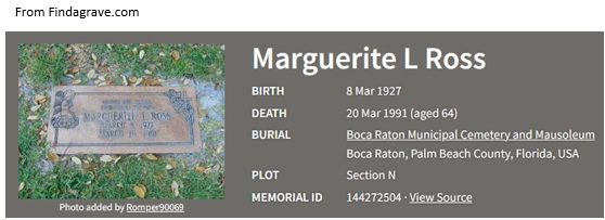 Marguerite Laura Mastellone Ross Cemetery Record