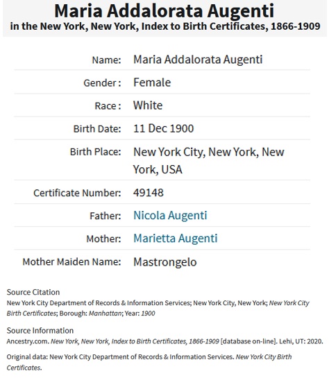 Maria Addolarata Augenti Birth Index