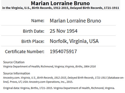 Marian Lorraine Bruno Birth Index