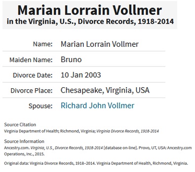 Marian Lorraine Bruno and Richard Vollmer Divorce