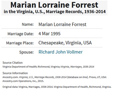 Marian Lorraine Bruno and Richard Vollmer Marriage