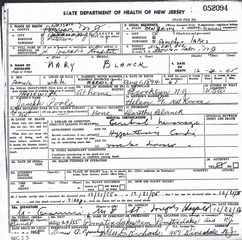 Marie Poole Blanck Death Certificate