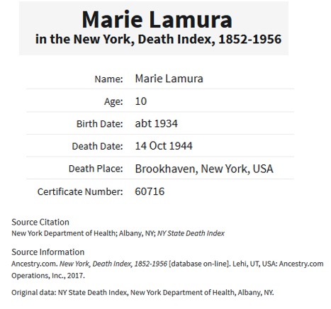 Marie LaMura Death Index