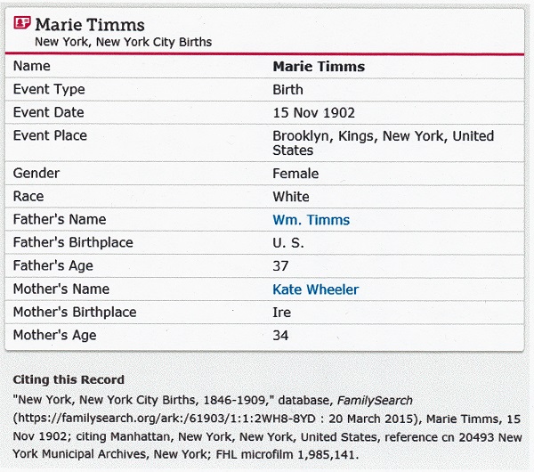Marie Timms Birth