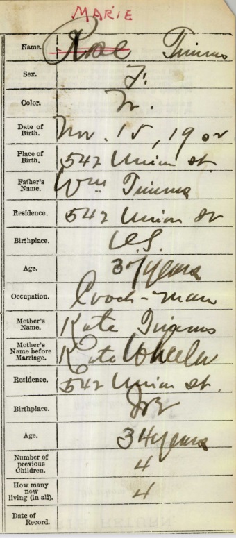 Marie B. Timms Birth Certificate