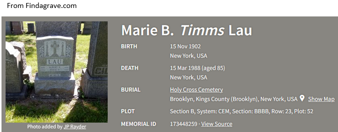 >Marie B. Timms Lau Cemetery Record