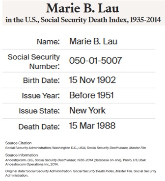 >Marie B. Timms Lau Death Index