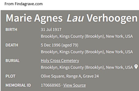Marie Agnes Lau Verhoogen Cemetery Record