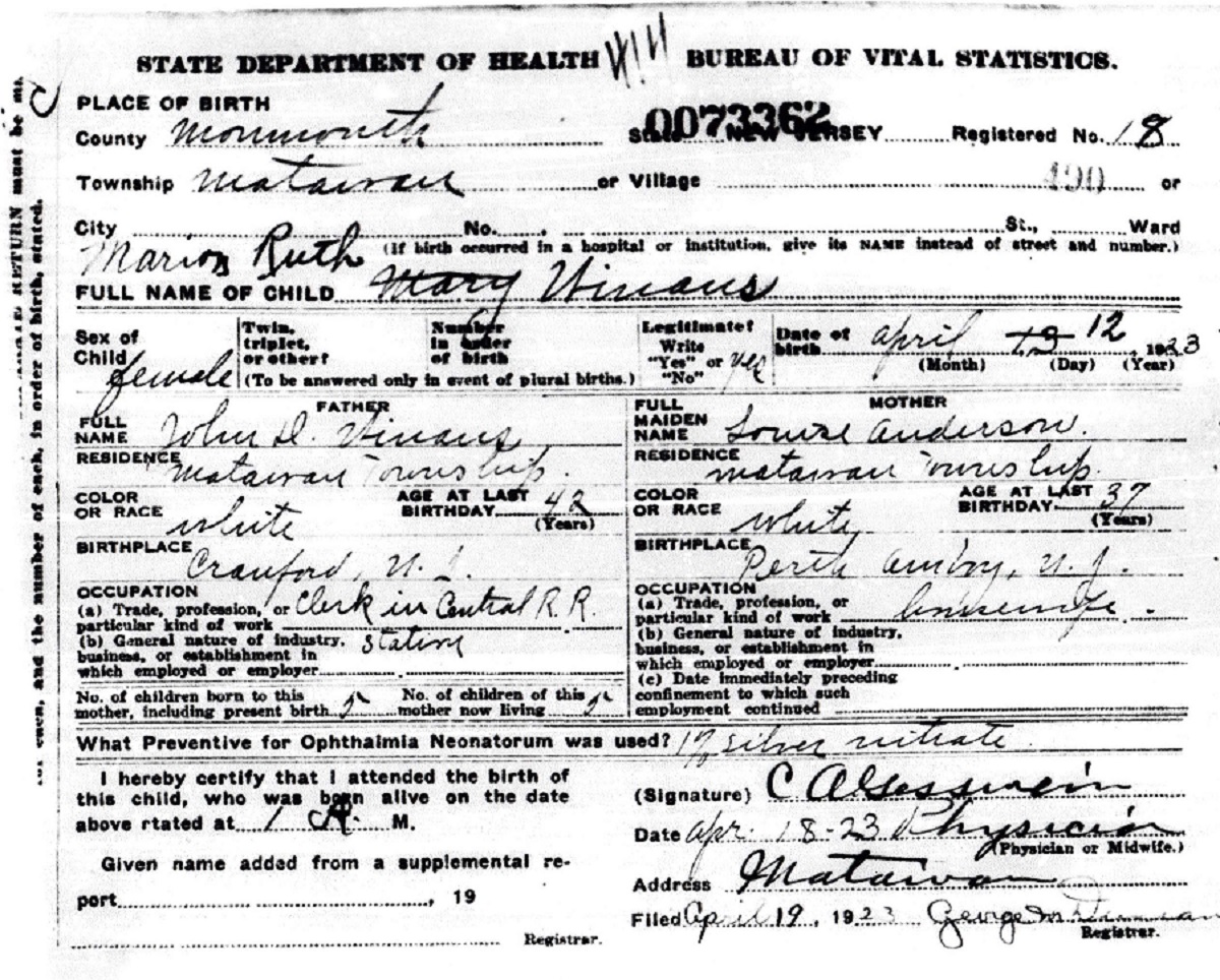 Marion Winans Davenport Birth Certificate