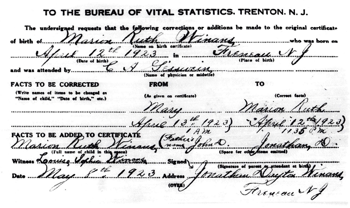 Marion Winans Davenport Birth Certificate