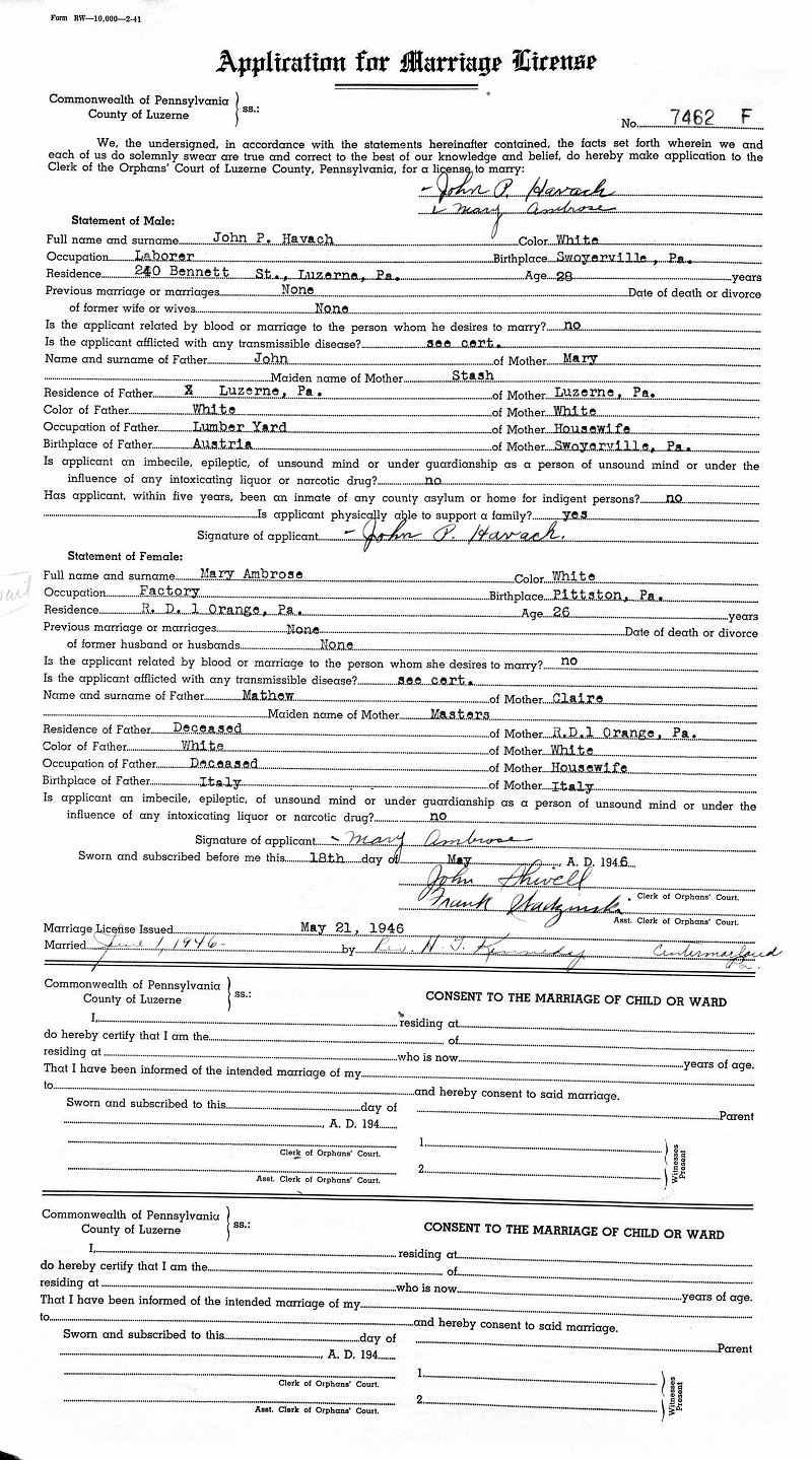Mary Ambrose and John Havach Marriage Record