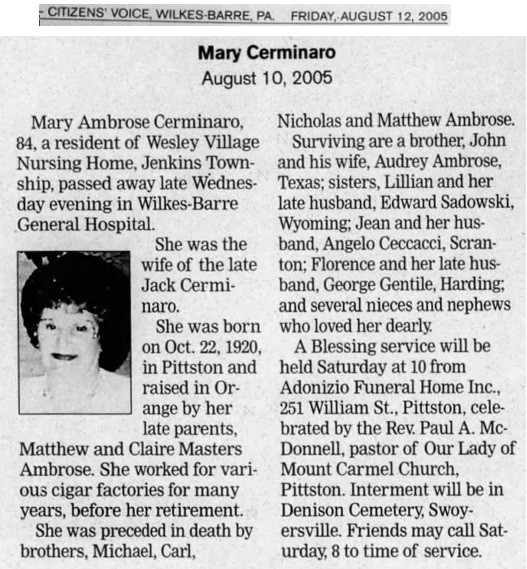 Mary Ambrose Cerminaro Obituary