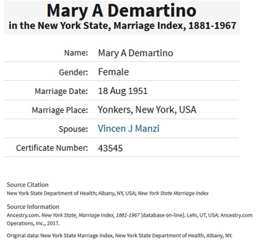 Mary Ann DeMartino and Vincent Manzi Marriage Record