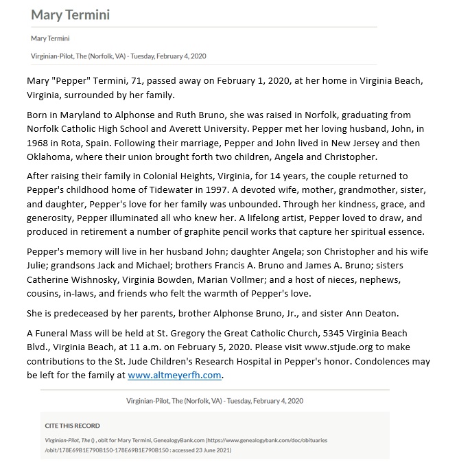 Mary Josephine Bruno Termini Obituary