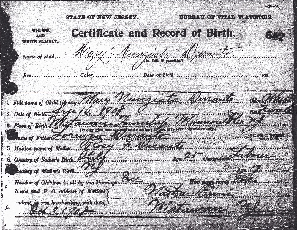 Mary Durante Birth Certificate