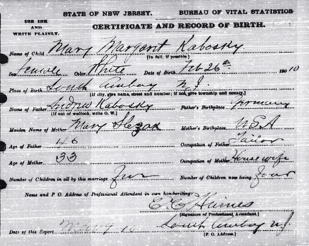 Mary Margaret Kabosky Birth Certificate