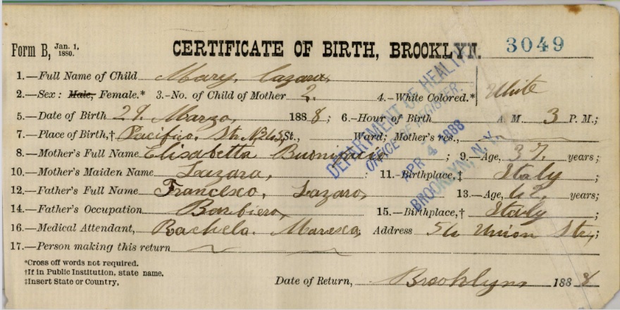 Mary Lanzaro Birth Certificate