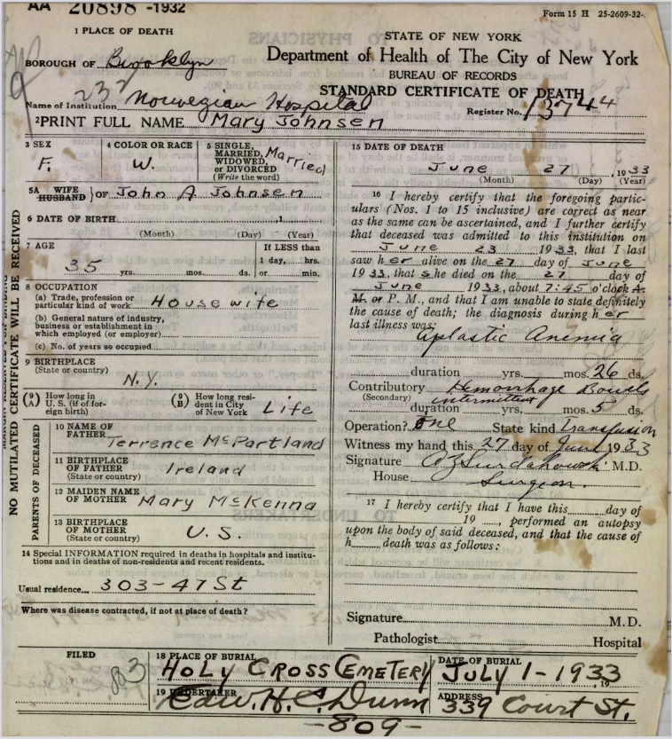 Mae McPartland Death Certificate