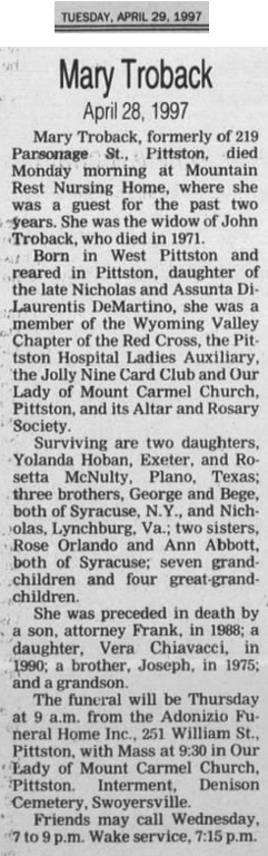Mary DeMartino Trobacco Obituary