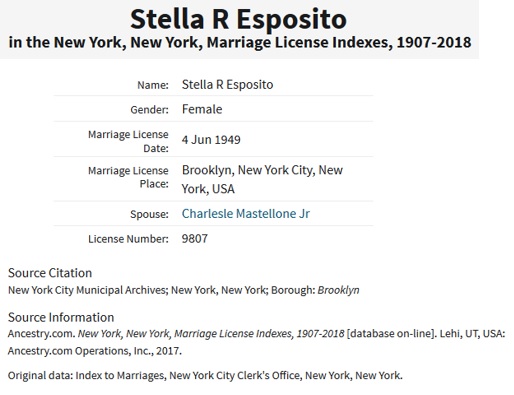 Charles A. Mastellone Jr. and Stella Esposito Marriage Index