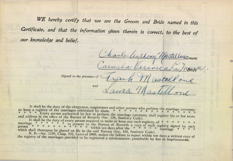 Charles Mastellone and Mildred LaMura Marriage Certificate