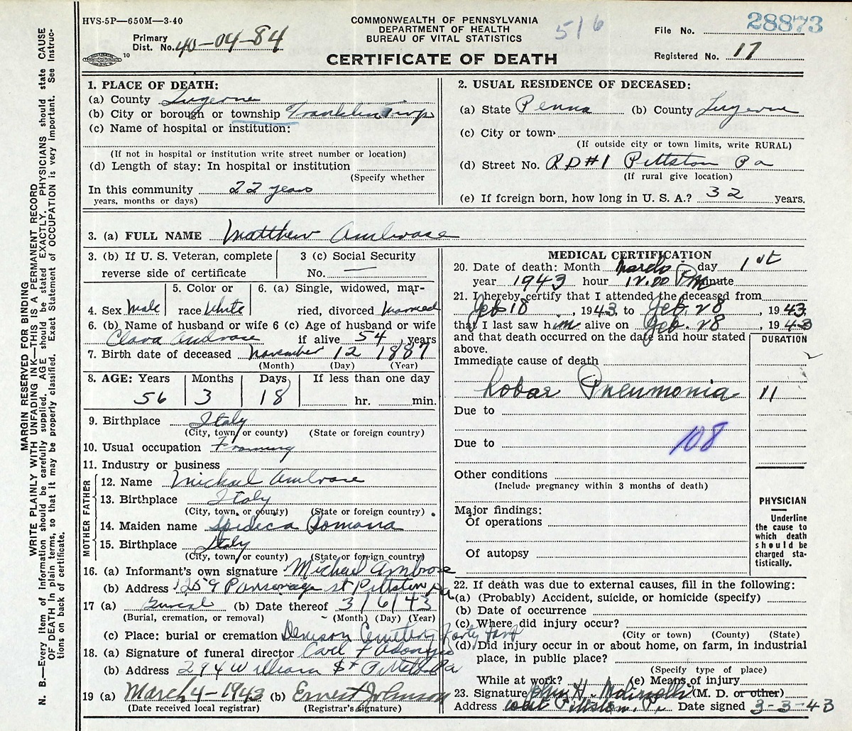 Matteo Abruzzese (Ambrose) Death Certificate