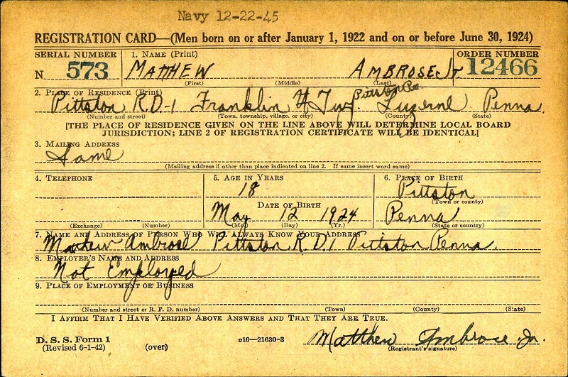 Matthew Ambrose Jr. WW2 Draft Registration