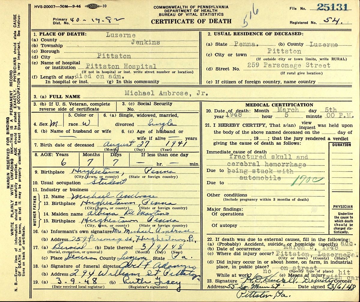 Michael Ambrose Jr. Death Certificate