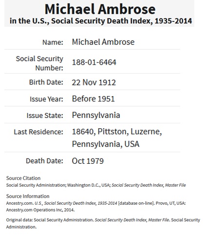 Michael Ambrose Social Security Death Index