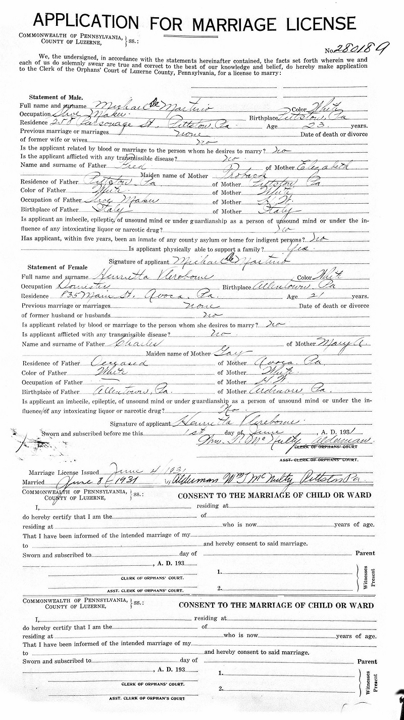Michael DeMartino and Henrietta Vlerebome Marriage Record