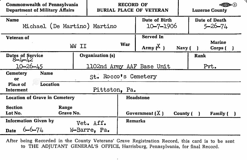 Michael DeMartino Military Burial Record